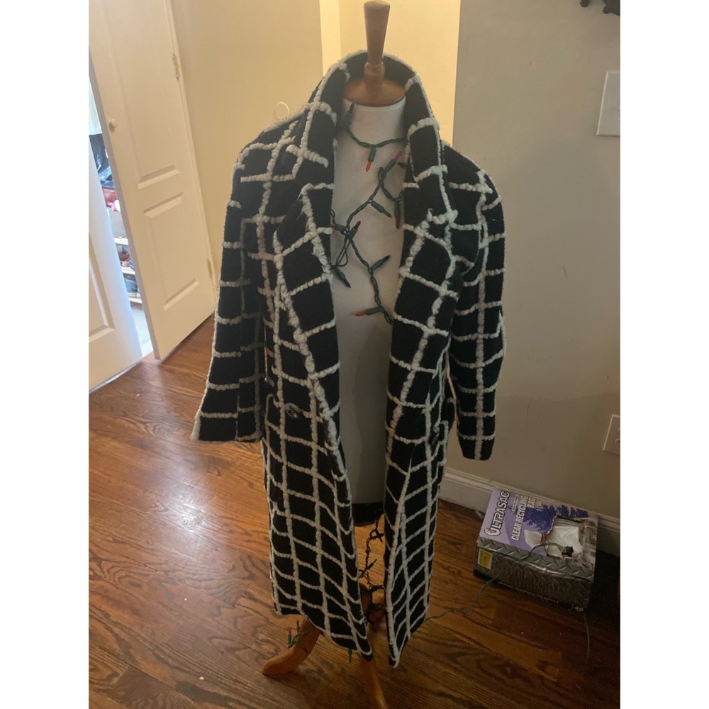 B&W Grid Fuzzy Minimalist Designer Coat